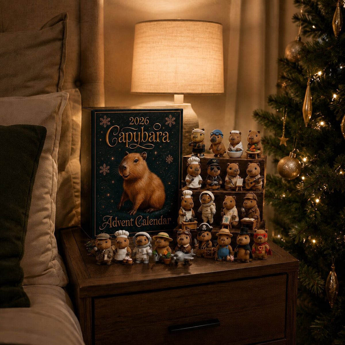 Schachtel und alle Kapybara-Figuren auf einem Holznachttisch neben einem geschmückten Weihnachtsbaum