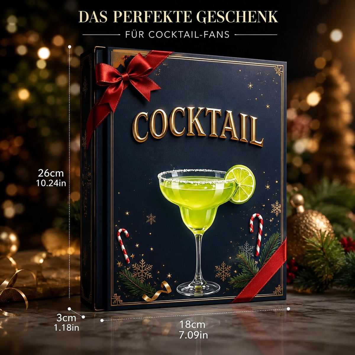 Die Box mit roter Schleife und eingeblendeten Maßen von 26 mal 18 mal 3 Zentimetern vor festlichem Hintergrund 7