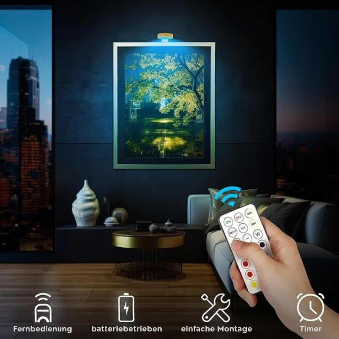 Hand hält eine Fernbedienung vor einem blau beleuchteten Bild im dunklen Wohnzimmer, darunter vier Funktionssymbole 5