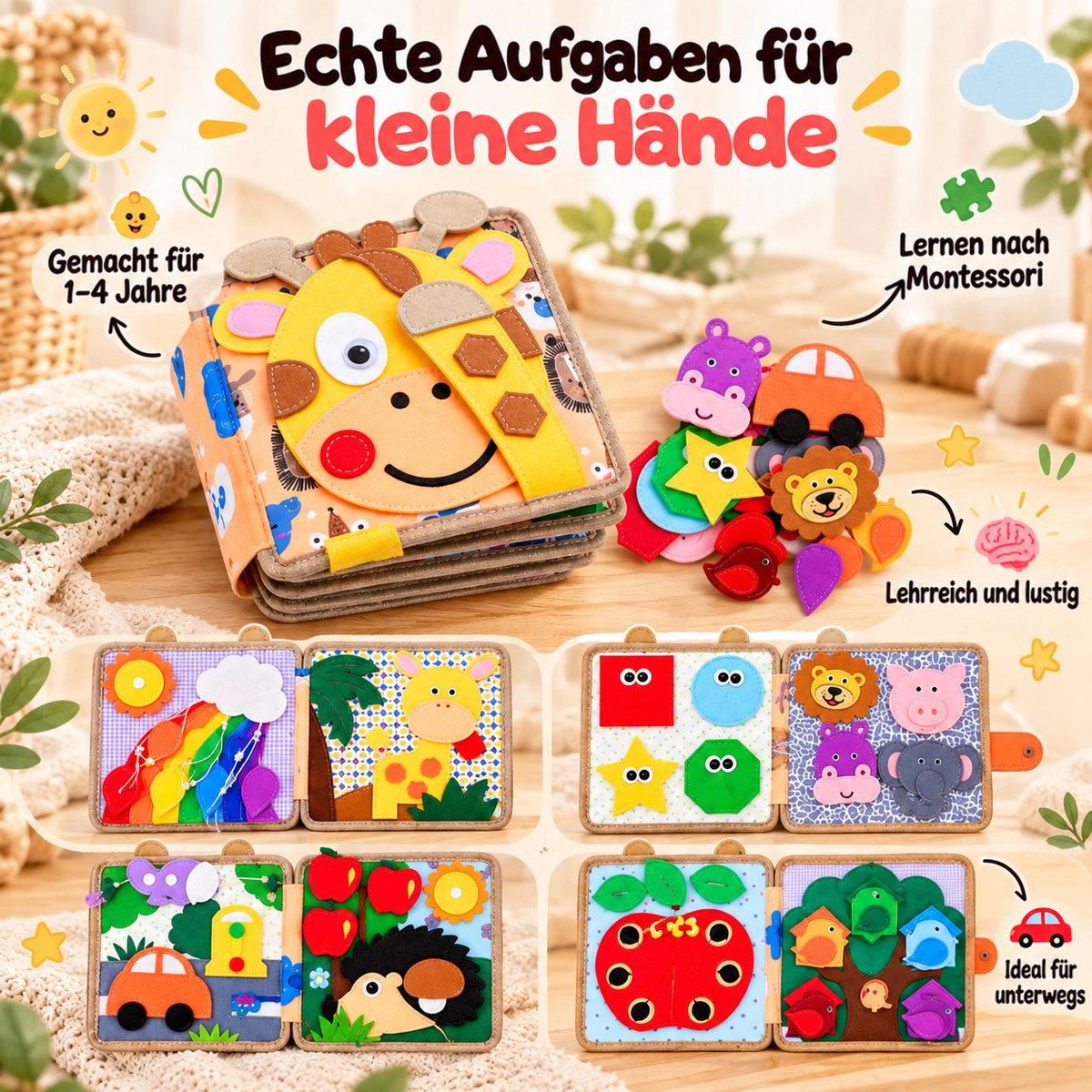 Giraffen-Filzbuch mit losen Filzteilen und vier aufgeschlagenen Doppelseiten, darunter Regenbogen, Formen, Auto und Apfel 3