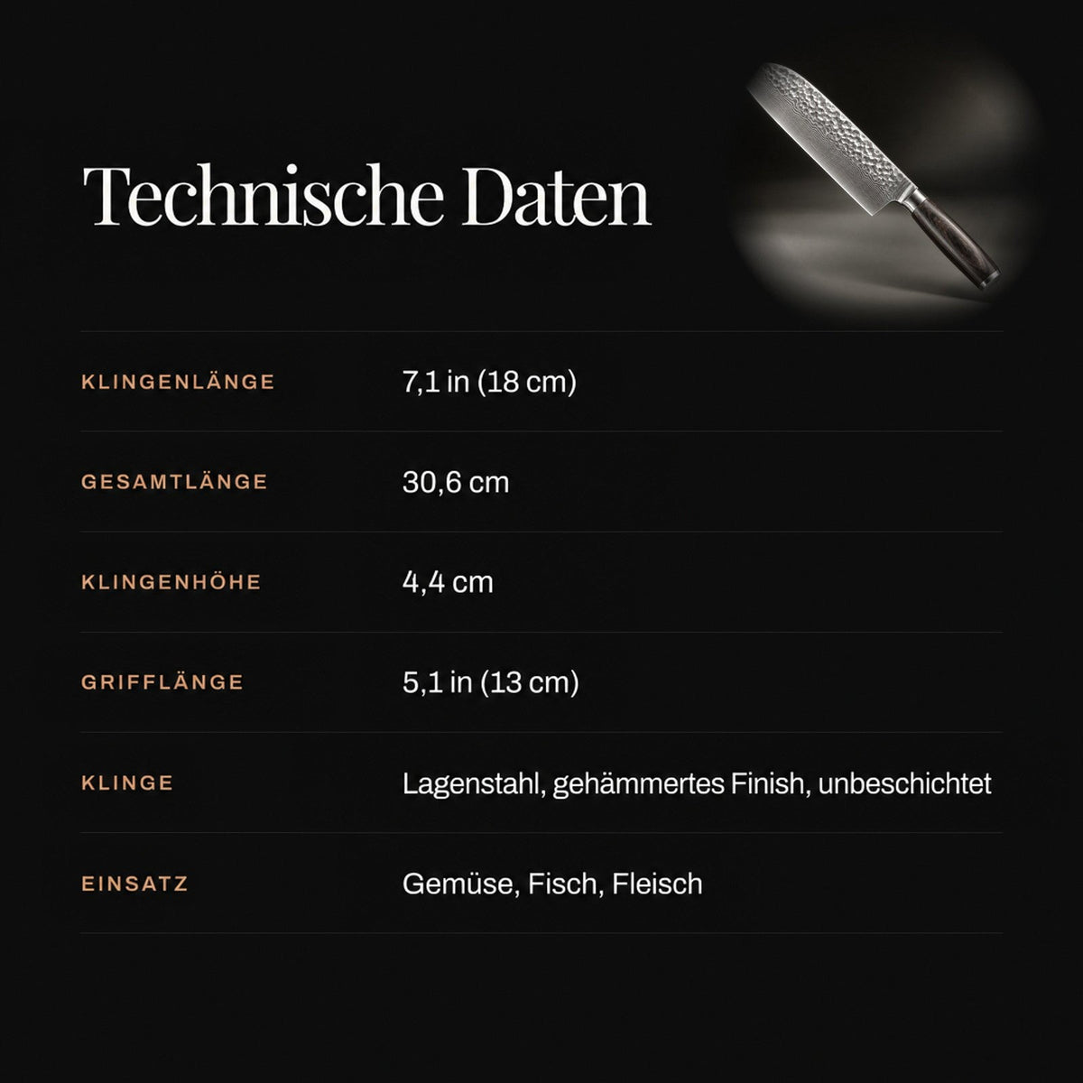 Infografik mit den technischen Daten des Messers und kleinem Produktbild oben rechts auf schwarzem Grund 4