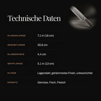 Infografik mit den technischen Daten des Messers und kleinem Produktbild oben rechts auf schwarzem Grund 4