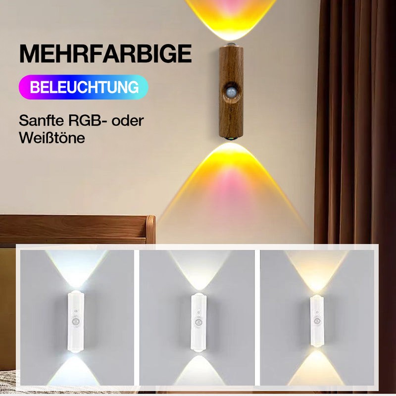 Holzoptik-Leuchte strahlt gelb-rosa an der Schlafzimmerwand, darunter drei weiße Lichtfarben im Vergleich 9