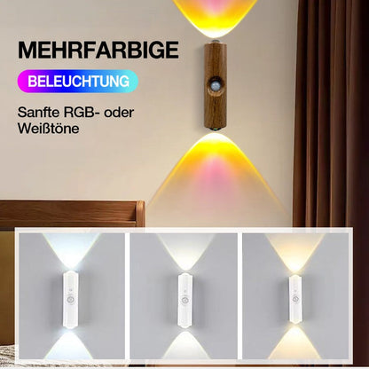 Holzoptik-Leuchte strahlt gelb-rosa an der Schlafzimmerwand, darunter drei weiße Lichtfarben im Vergleich 9