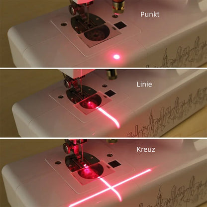 Dreiteilige Ansicht der Laserprojektion auf einer Nähmaschine: roter Punkt, einzelne Linie und Kreuz 3
