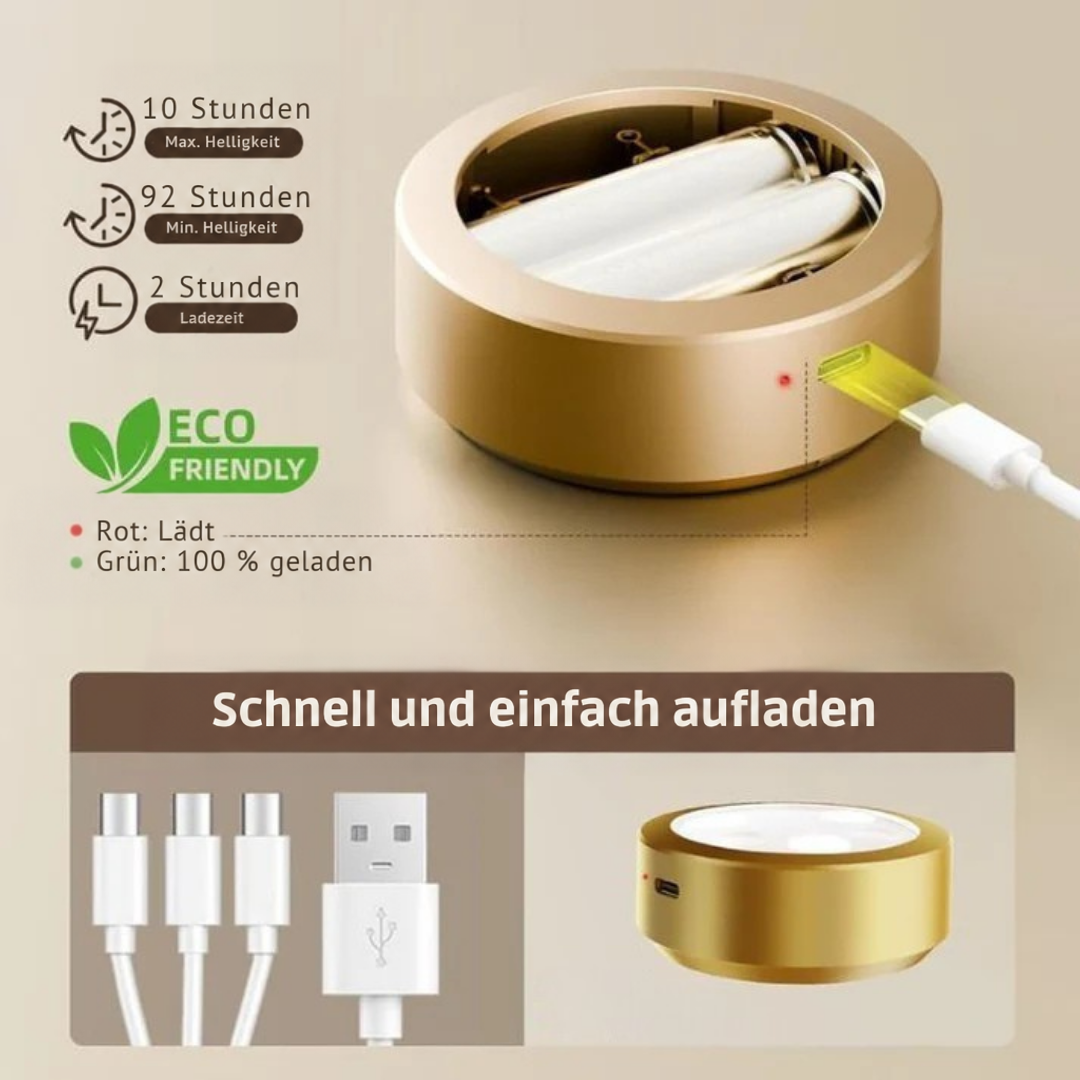 Goldenes Leuchtengehäuse mit Akkus im Inneren und USB-Ladekabel, dazu Angaben zu Laufzeit und Ladezeit 3