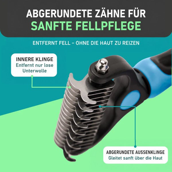 Nahaufnahme der abgerundeten Zinken und der inneren Klinge des Rechens, die losen Unterwuchs aufnimmt, vor türkisem Hintergrund. 3