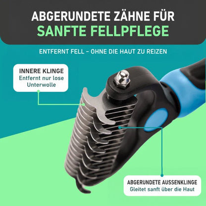 Nahaufnahme der abgerundeten Zinken und der inneren Klinge des Rechens, die losen Unterwuchs aufnimmt, vor türkisem Hintergrund. 3