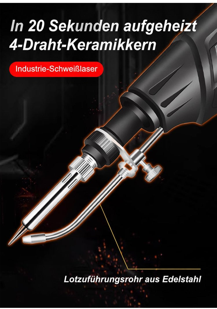 Nahaufnahme von Heizkern, Lötspitze und gebogenem Edelstahl-Zufuhrrohr vor dunklem Hintergrund mit Funken 10