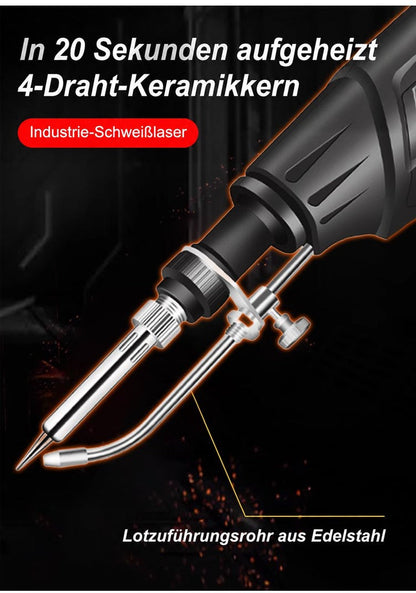 Nahaufnahme von Heizkern, Lötspitze und gebogenem Edelstahl-Zufuhrrohr vor dunklem Hintergrund mit Funken 10