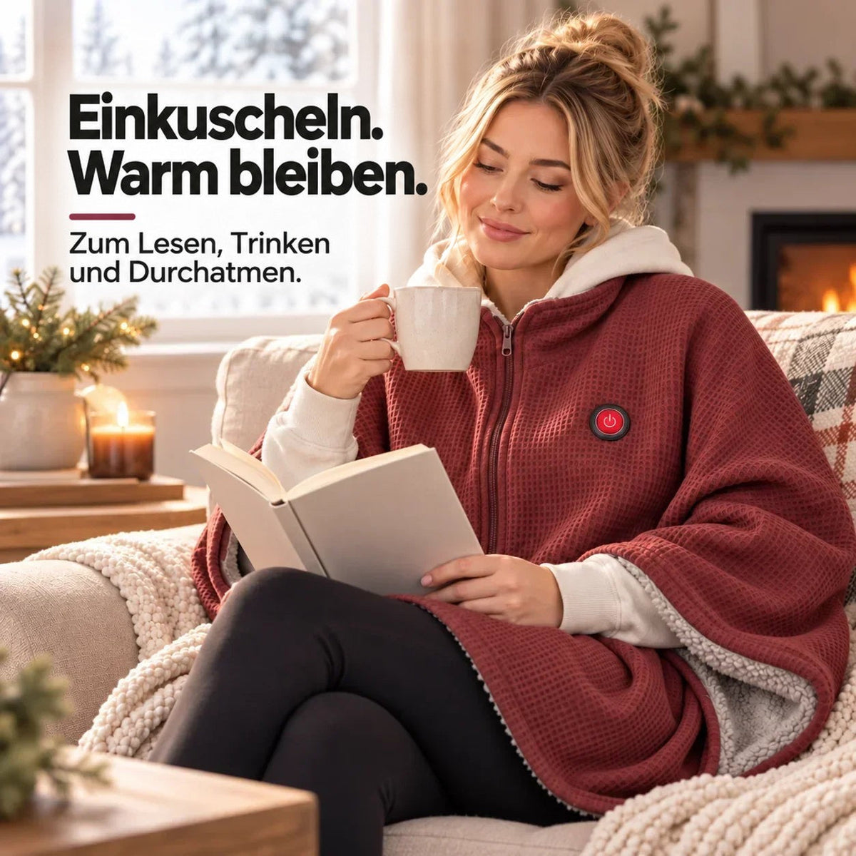 Frau liest auf dem Sofa in der roten Kapuzendecke, Tasse in der Hand, Kamin und Kerze im Hintergrund 10