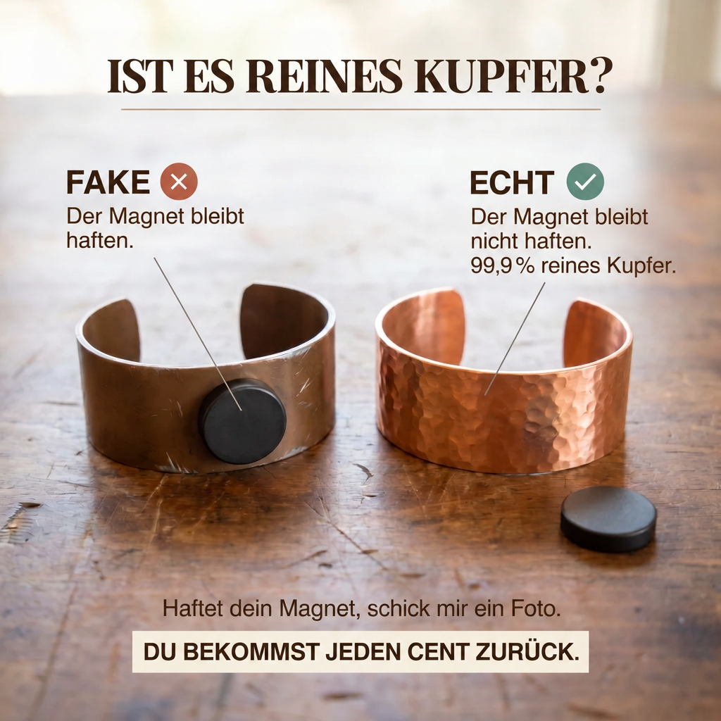 Vergleichsbild zweier Kupferarmreifen mit einem Magneten: am einen haftet er, am anderen nicht, als Echtheitstest für reines Kupfer. 4