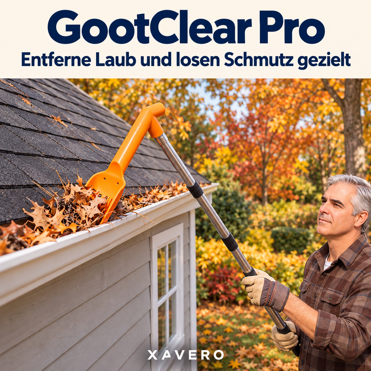 Mann mit Arbeitshandschuhen holt mit der Schaufel Herbstlaub aus der Dachrinne eines Hauses 4