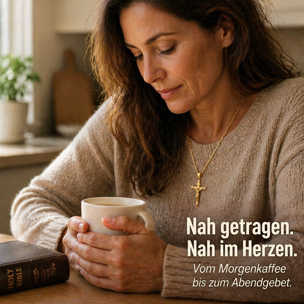 Frau im Strickpullover hält eine Tasse, trägt die goldene Kreuzkette; links liegt eine Bibel 4