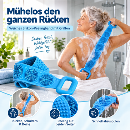 Frau schrubbt ihren Rücken mit der blauen Bürste, davor liegt die Bürste, Detailbilder zeigen Textur und Abspülen 3