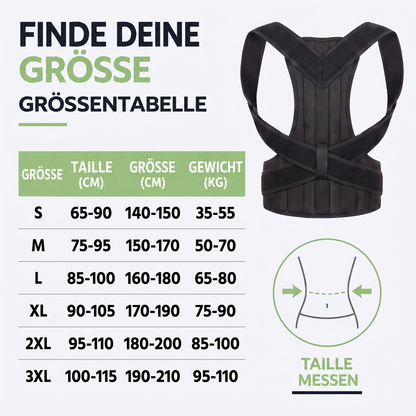 Größentabelle mit Taille, Körpergröße und Gewicht für sechs Größen, daneben die schwarze Haltungskorrektur und ein Symbol zum Taillemessen. 5