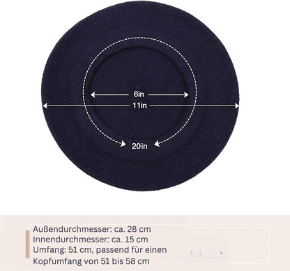Dunkelblaues Beret von oben mit eingezeichneten Maßen für Außen- und Innendurchmesser sowie Umfang 13