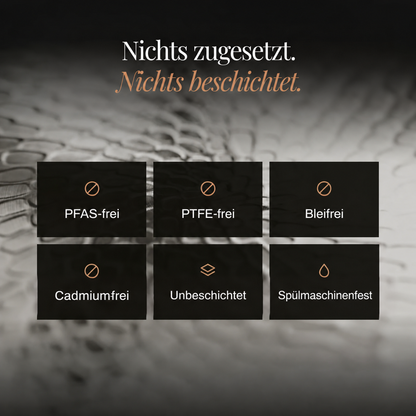 Grafik mit sechs Eigenschaften der Pfannen vor einer Nahaufnahme der Wabenstruktur, darunter unbeschichtet und 3