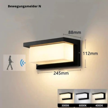 Maßgrafik der Wandleuchte mit Abmessungen, Bewegungssensor-Symbol und drei Lichtfarben-Varianten 7