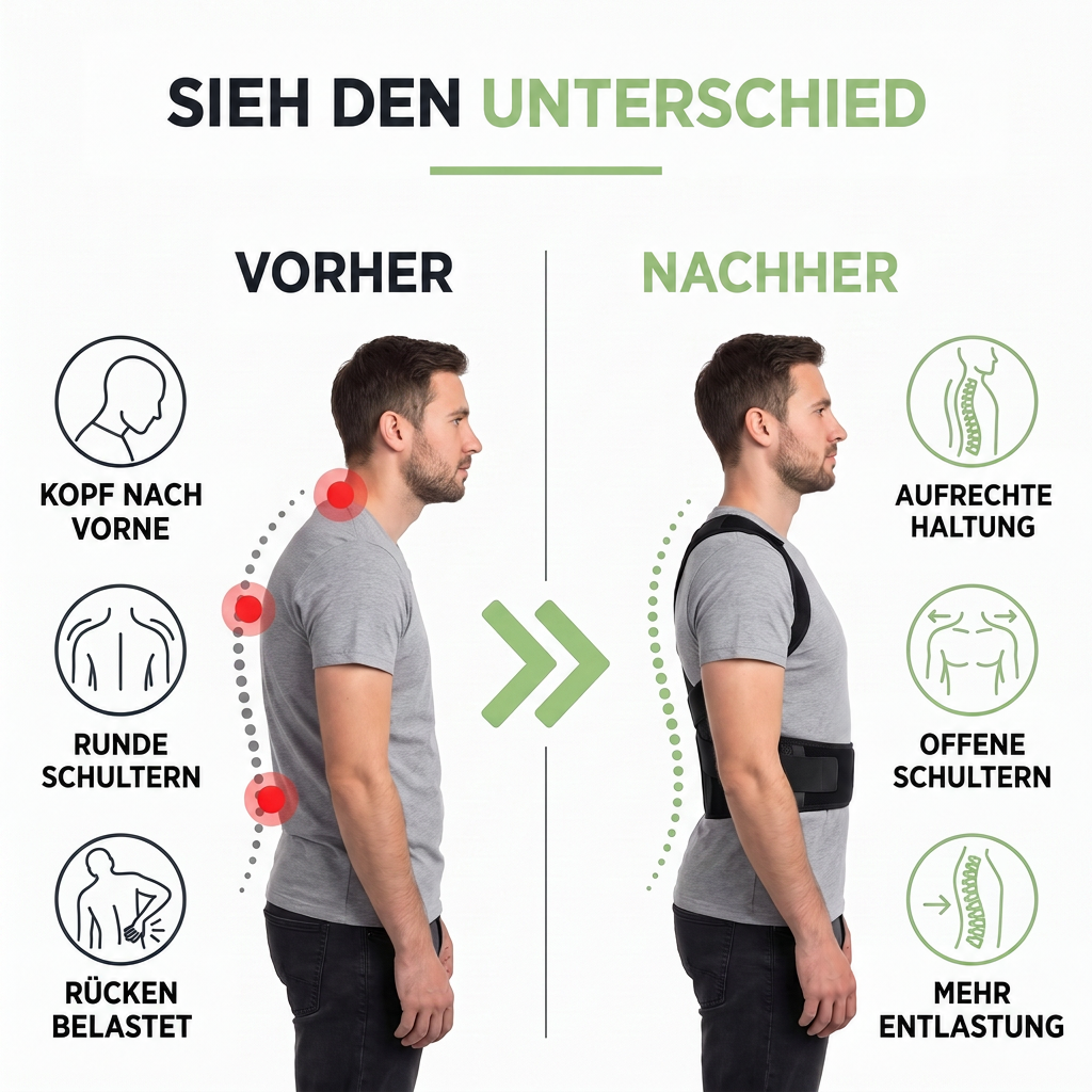 Vorher-Nachher-Grafik: Seitenansicht eines Mannes mit rundem Rücken links und aufrechter Haltung mit schwarzer Rückenstütze rechts. 3