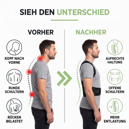 Vorher-Nachher-Grafik: Seitenansicht eines Mannes mit rundem Rücken links und aufrechter Haltung mit schwarzer Rückenstütze rechts. 3