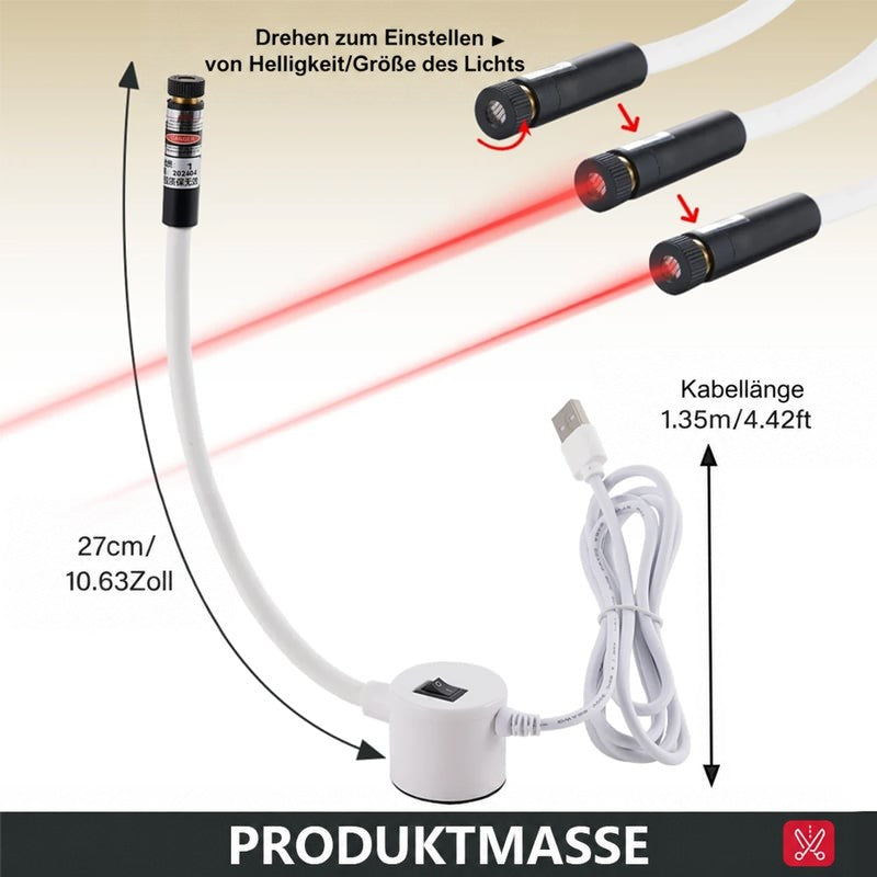 Maßdarstellung der Nähführung mit Schwanenhals, Netzkabel und drehbarem Laserkopf zur Einstellung von Helligkeit und 5