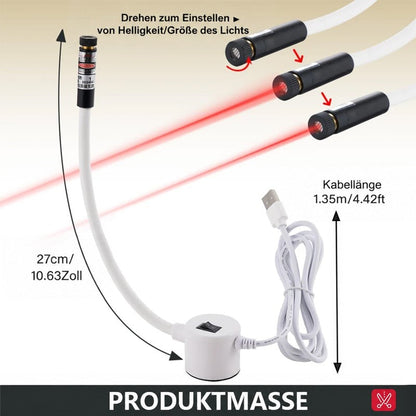 Maßdarstellung der Nähführung mit Schwanenhals, Netzkabel und drehbarem Laserkopf zur Einstellung von Helligkeit und 5