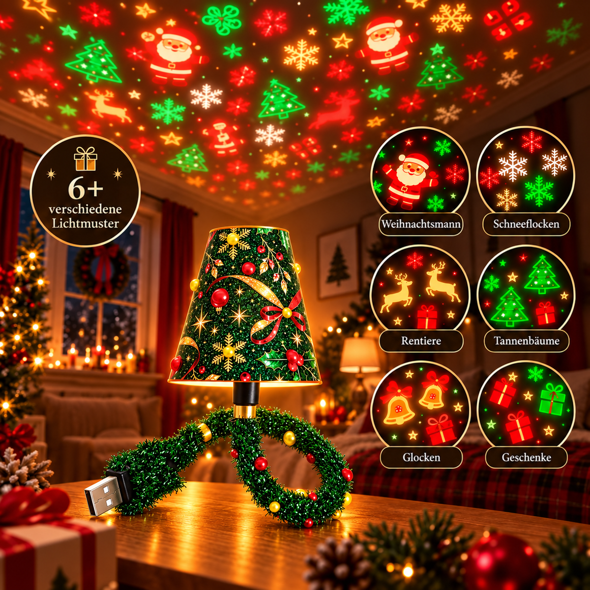 Die Lampe auf dem Tisch projiziert bunte Motive an die Decke, sechs Kreise zeigen die Muster Weihnachtsmann, Schneeflocken, Rentiere, Tannenbäume, Glocken und G 4