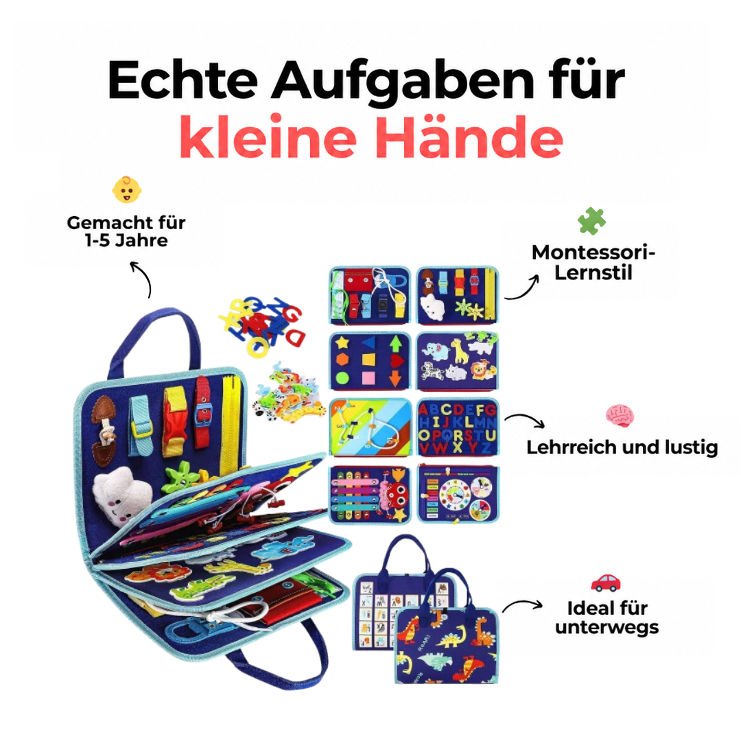 Infografik mit blauem Filzbuch, allen Seiten und Taschen sowie Hinweisen zu Alter, Montessori-Lernstil und Mitnehmen 9