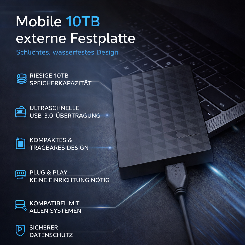 Werbegrafik mit Festplatte auf dunkler Tastatur und Symbolen für Kapazität, USB-3.0-Tempo und Plug-and-Play 5
