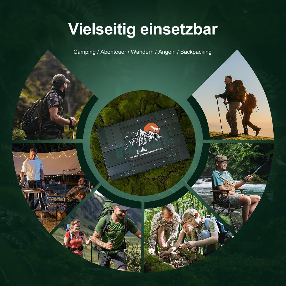 Der Kalender auf Moos in der Mitte, umgeben von Szenen mit Wanderern, Campern und Anglern 6