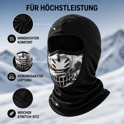 Sturmhaube schräg von vorn mit eingekreisten Detailansichten von Stoff, Belüftungsöffnungen und weicher, dehnbarer Naht. 4
