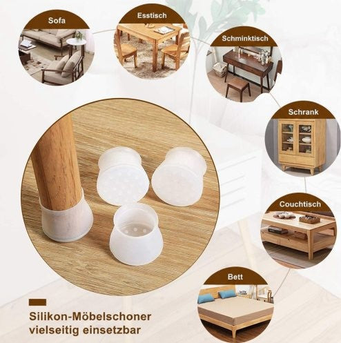 Übersichtsbild mit drei Silikonkappen an einem Holzbein und kleinen Fotos von Möbeln wie Sofa, Esstisch, Schrank und Bett als Einsatzbereichen. 7