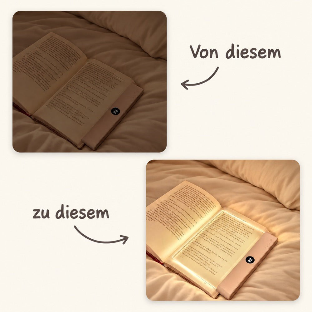 Vorher-nachher-Vergleich: Buch auf dem Bett ohne Licht und mit leuchtender Lampe auf der Seite 3