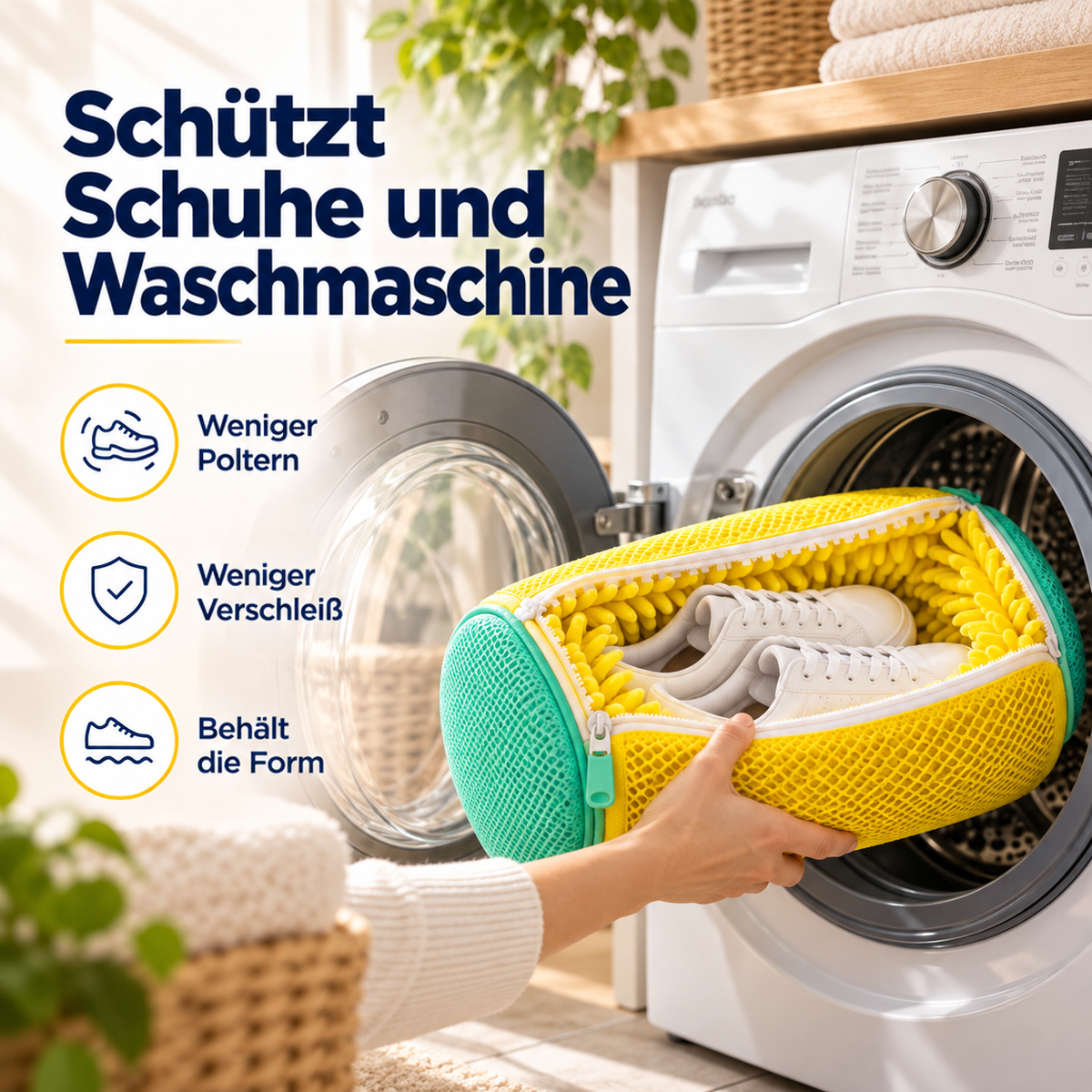 Hand schiebt die gelbe Tasche mit weißen Sneakern in die Trommel einer Waschmaschine 3