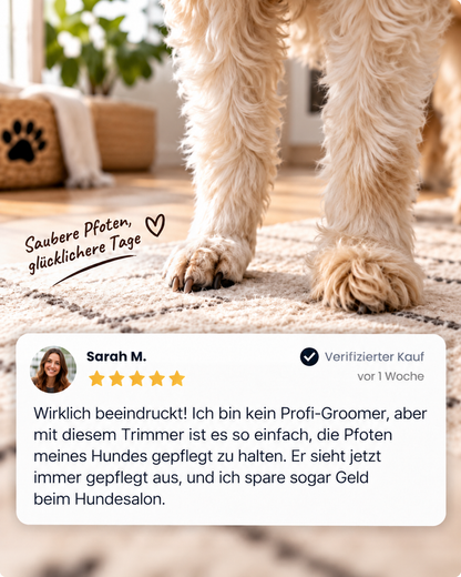 Hellbeige Hundebeine mit gepflegten Pfoten auf einem Teppich, darunter eine Kundenbewertung mit fünf Sternen 9