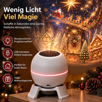 Weißer Projektor mit rotem Leuchtring auf einem Tisch, daneben Tannenzweige, Tannenzapfen und Projektion eines verschneiten 4