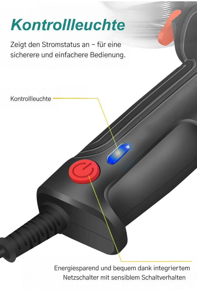 Nahaufnahme des Griffendes mit blauer Kontrollleuchte, rotem Ein-Aus-Schalter und Anschlusskabel 5