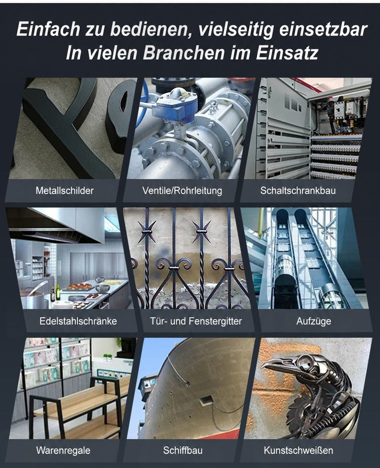 Collage von neun Einsatzbereichen, darunter Rohrleitungen, Schaltschrank, Edelstahlschrank, Geländer, Aufzug, Regal 4