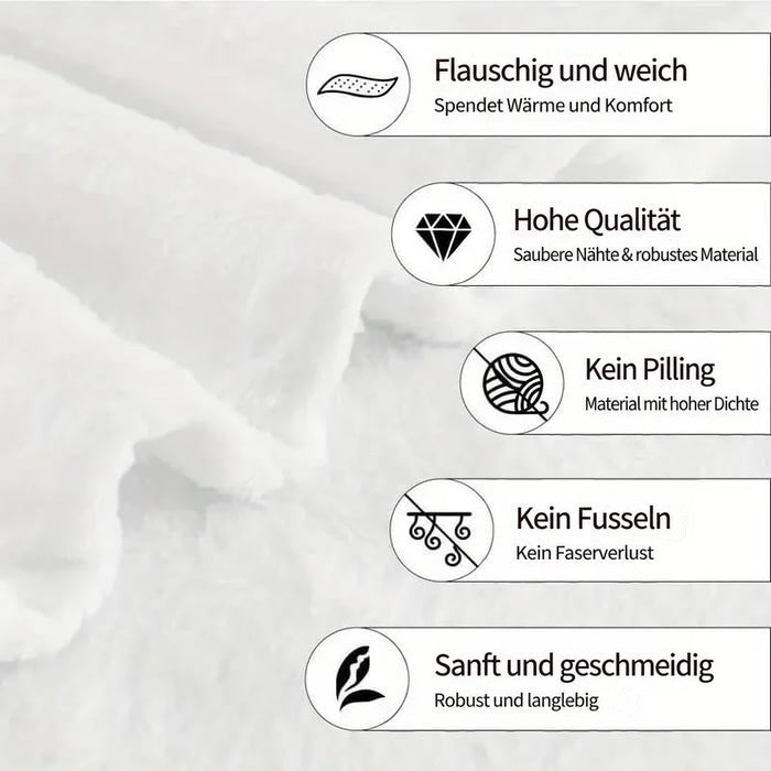Weißer, flauschiger Stoff im Hintergrund mit Symbolen zu Weichheit, Qualität und Haltbarkeit 10
