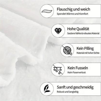 Weißer, flauschiger Stoff im Hintergrund mit Symbolen zu Weichheit, Qualität und Haltbarkeit 10