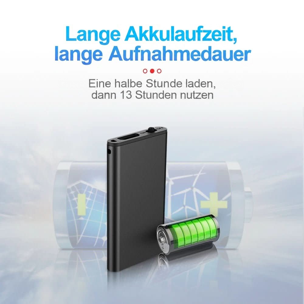 Der Recorder steht neben einem grün gefüllten Batteriesymbol vor einer Akku-Grafik und verdeutlicht die lange Akkulaufzeit 6