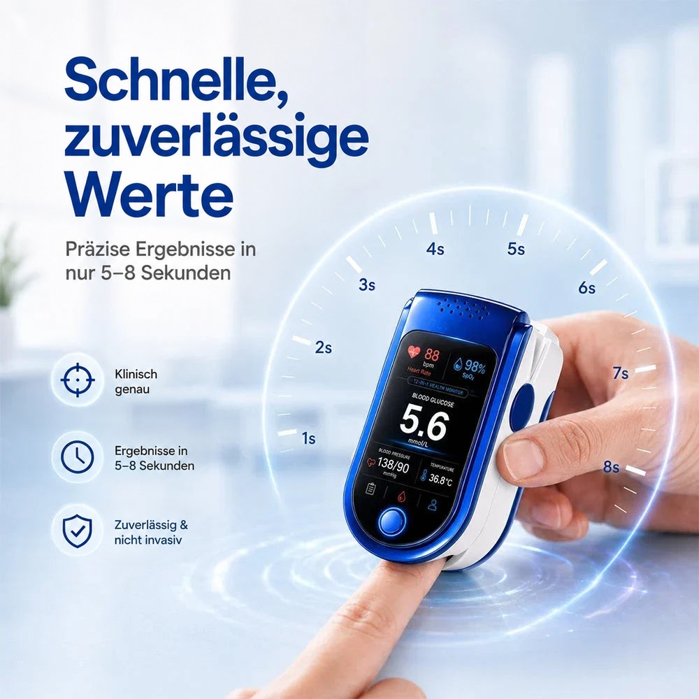 Ein Finger steckt im Messgerät, ringsum eine Sekundenskala von 1 bis 8, links drei Symbole zu Genauigkeit und Geschwindigkeit. 12