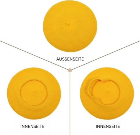 Gelbes Beret von außen und zweimal von innen, mit Blick auf das Innenband 12