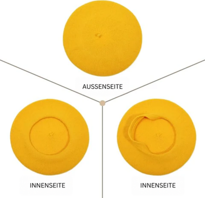 Gelbes Beret von außen und zweimal von innen, mit Blick auf das Innenband 12