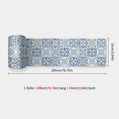 Aufgerollter Streifen mit blau-weißen Ornamentfliesen im Vintage-Stil, Maßangaben 200 x 10 cm 29