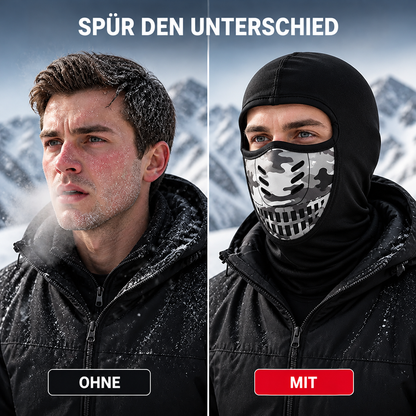 Vergleich zweier Männer im Schneegestöber: links mit gerötetem, vereistem Gesicht ohne Maske, rechts geschützt mit der Sturmhaube. 3