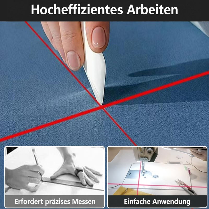 Rote Laserlinien kreuzen sich auf blauem Stoff, daneben Vergleich von Handmessen mit Lineal und einfacher Anwendung 6