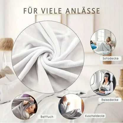 Infografik mit weichem weißem Stoff in Großaufnahme und Einsatzbereichen wie Sofa, Reisen und Bett 7