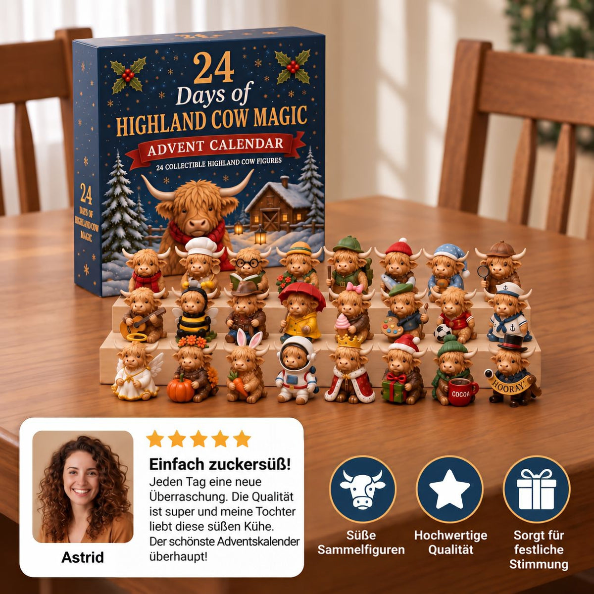 Blaue Adventskalender-Schachtel mit 24 verkleideten Hochlandrind-Figuren in drei Reihen auf einem Holztisch aufgestellt 1